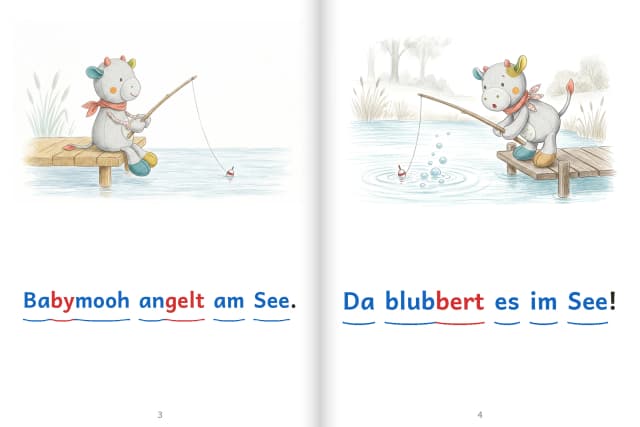 Aufgeschlagenes Buch mit dem Kuscheltier auf der Seite