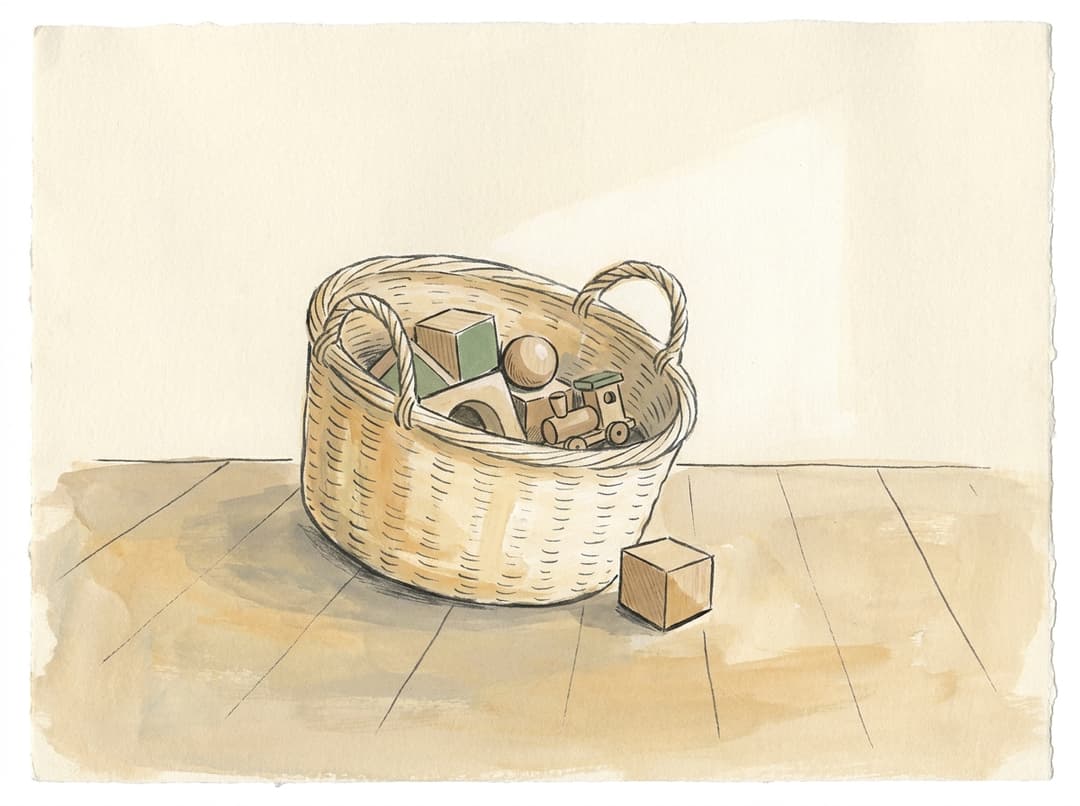 Ein halb gefüllter Korb mit Holzspielzeug auf einem Dielenboden, ein Spielzeugklotz daneben — wie mitten beim Aufräumen