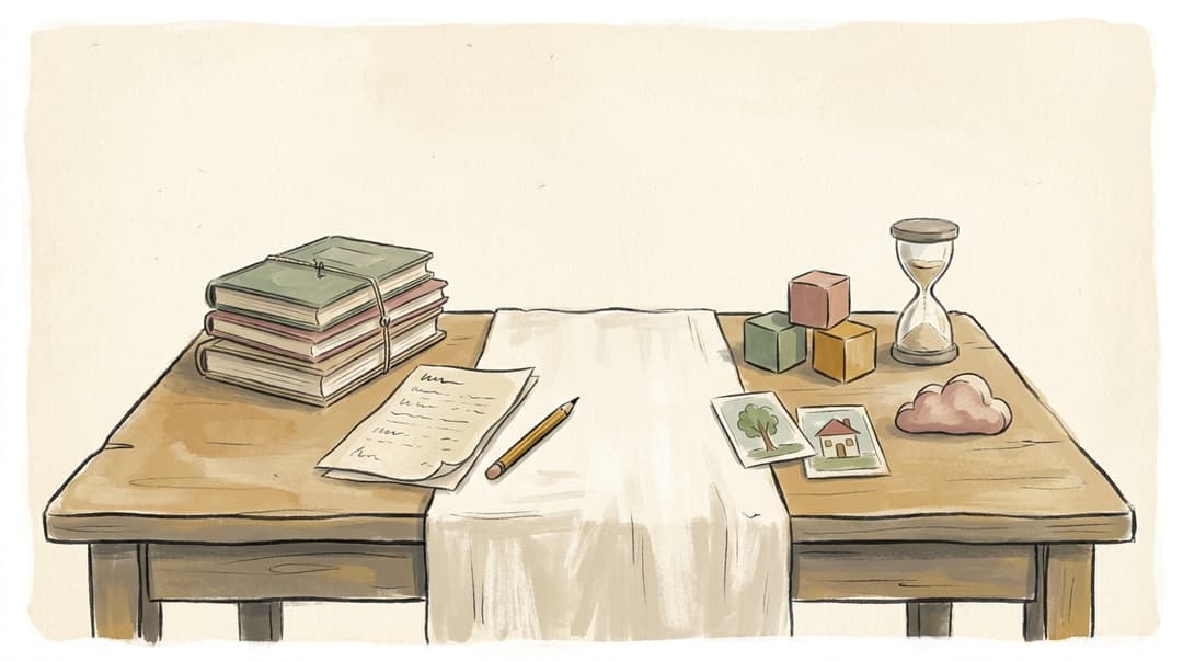 Holzschreibtisch mit zwei nebeneinanderliegenden Lernsetups: links Schulbücher und Bleistift, rechts Holzbausteine, Bildkarten und Sanduhr