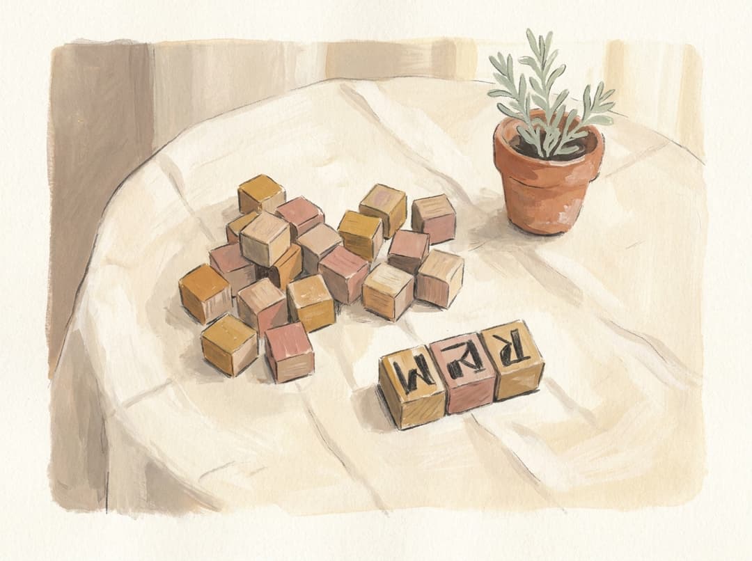 Wooden Buchstabenwürfel in lockerer Anordnung auf einer cremefarbenen Tischdecke, daneben ein Tontöpfchen mit Kräuterpflanze