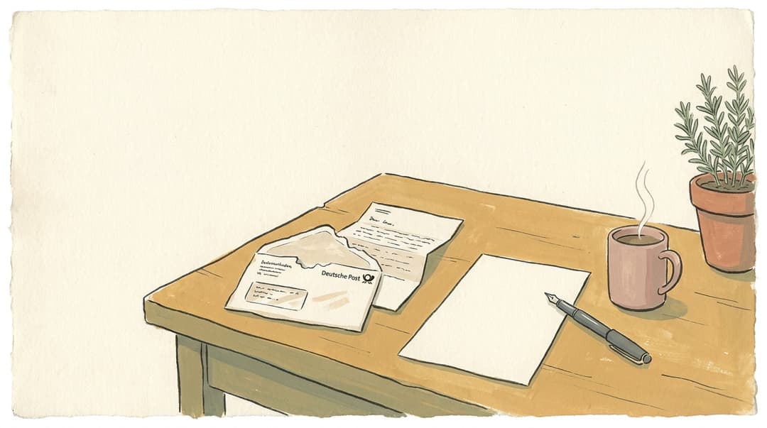 Ein geöffneter amtlicher Brief, ein leeres Blatt Papier und ein Füllfederhalter neben einer dampfenden Kaffeetasse im Morgenlicht