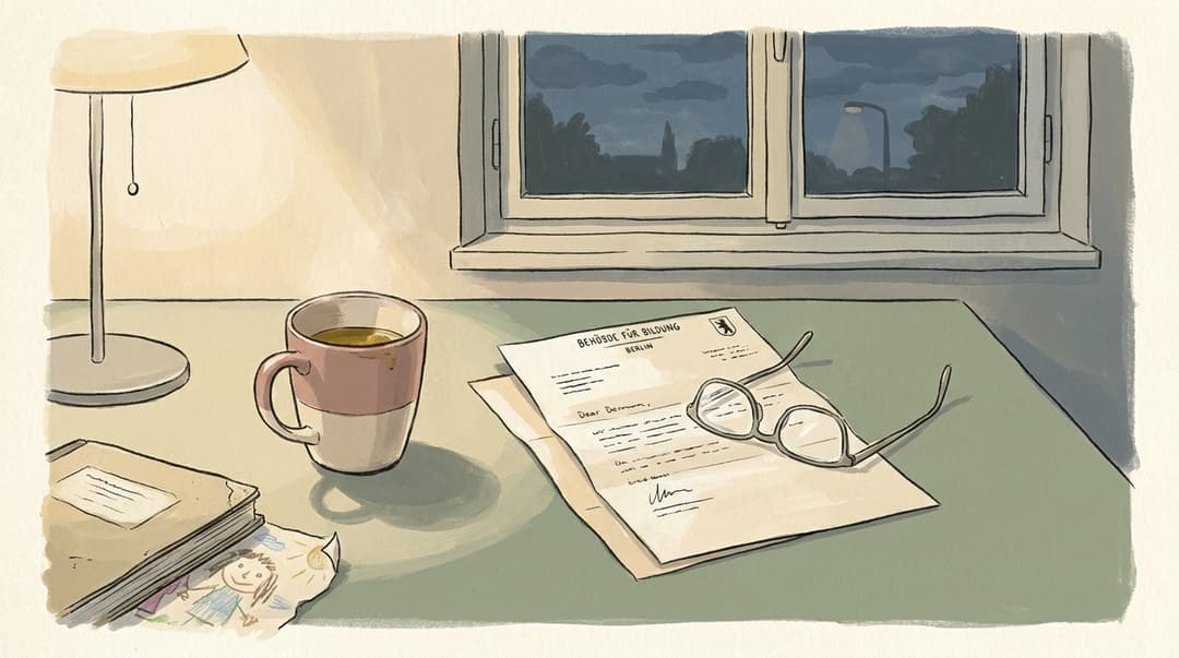 Eine Tasse Kräutertee neben einem geöffneten Bescheid und einer Lesebrille auf dem Küchentisch in warmem Lampenlicht