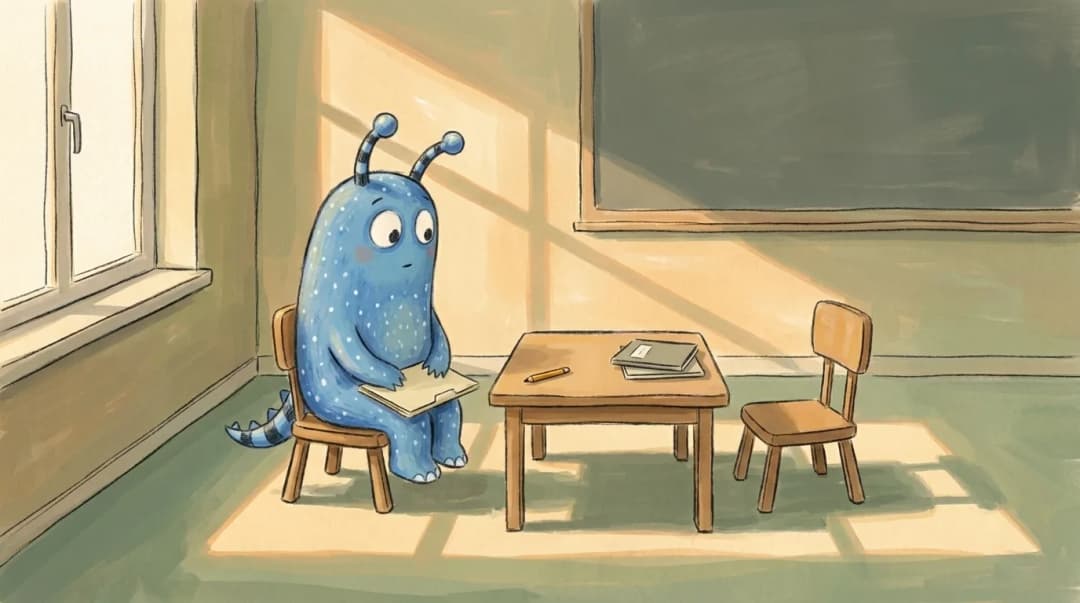 Anvido sitzt mit einer Mappe auf den Knien im leeren Klassenzimmer und schaut ruhig zum Stuhl gegenüber