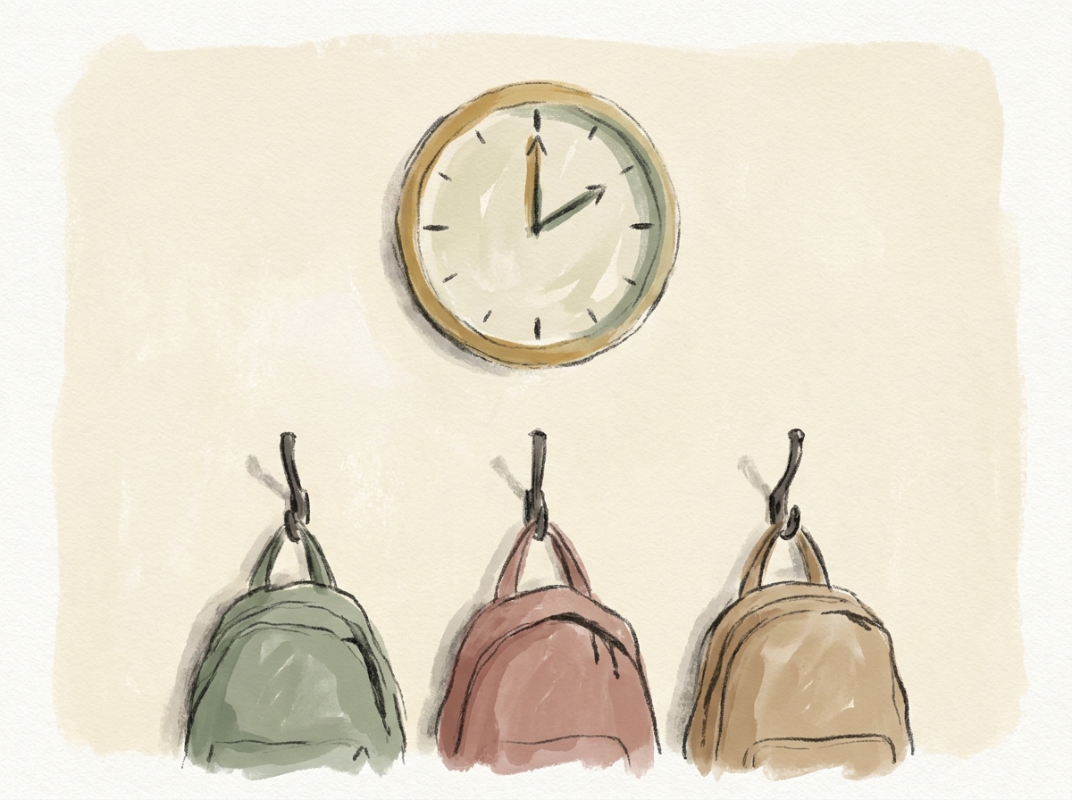 Eine Klassenraum-Wanduhr über einer Reihe Garderobenhaken mit drei unterschiedlichen Schultaschen