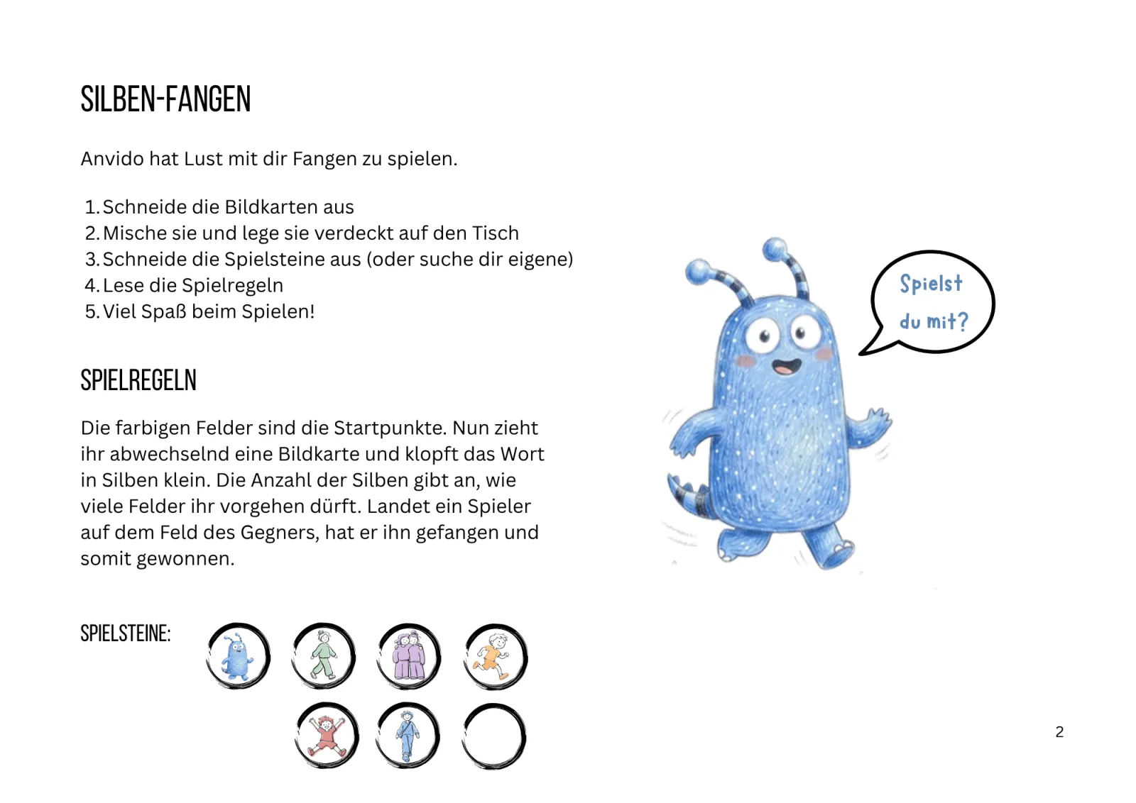 Anleitung und Spielregeln von Silben-Fangen, dazu die Spielsteine